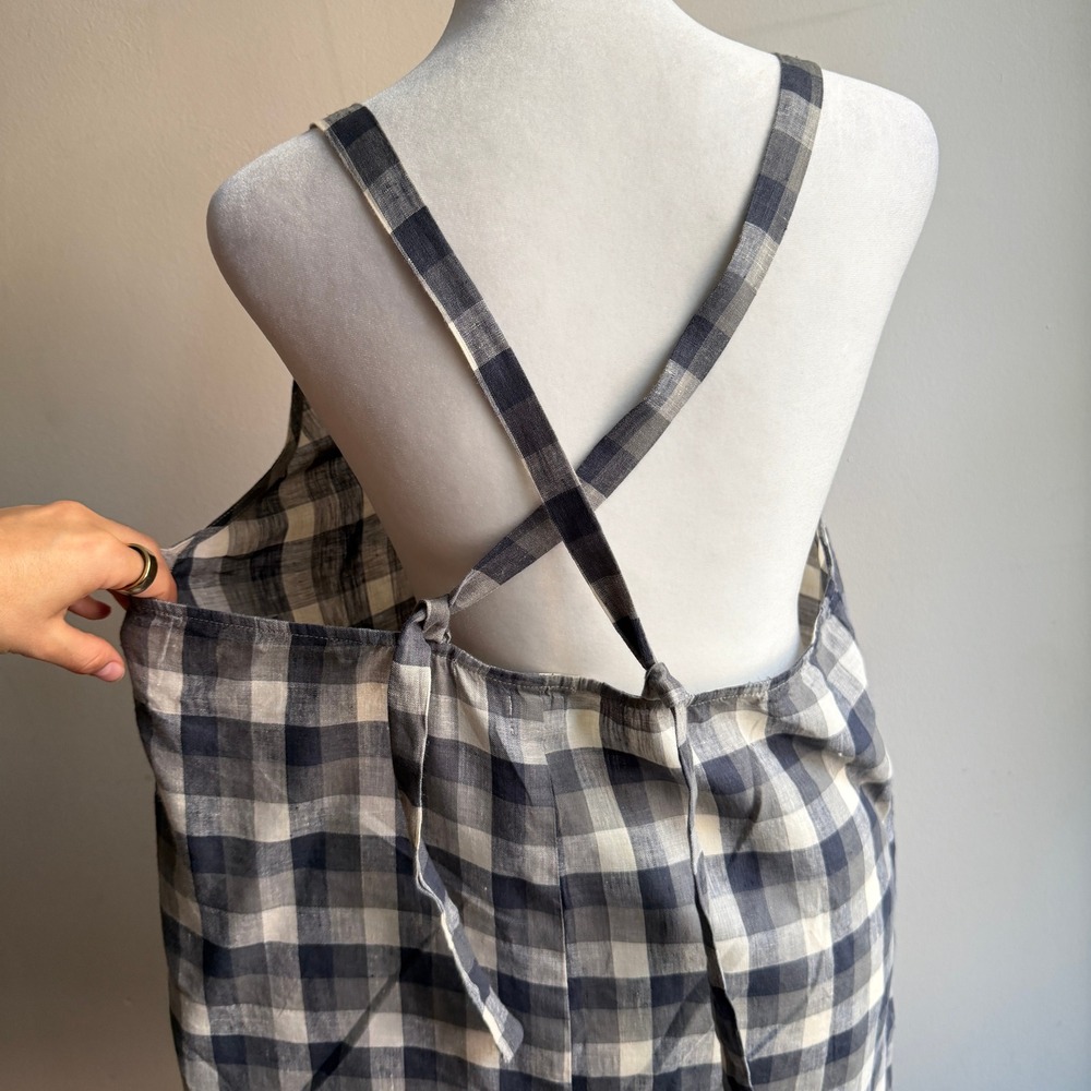 Opia Gingham Linen Dress Grey White Large Relaxed Coastal Cottagecore - Picture 5 of 8